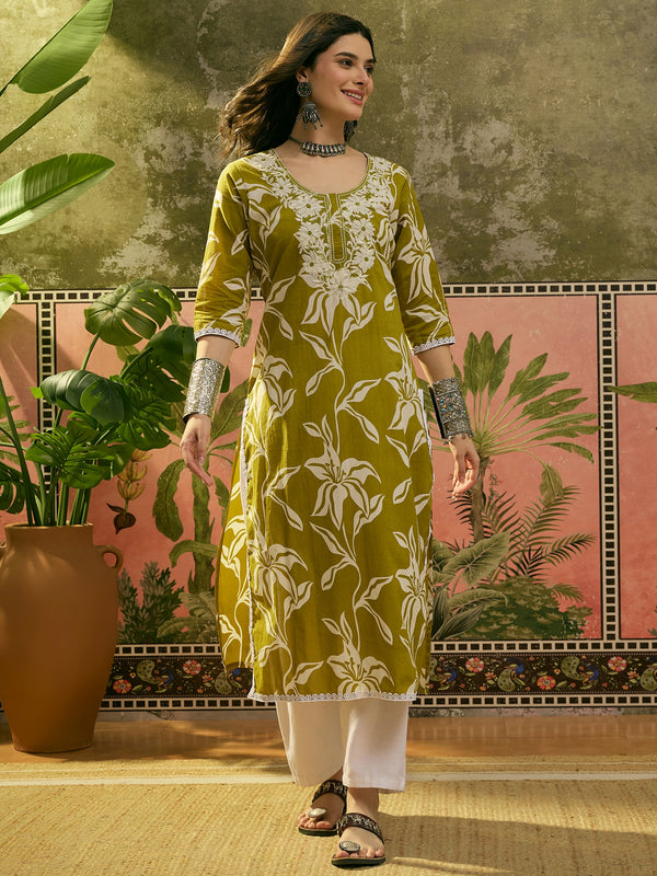 Stylum Women's Green Floral Printed & Embroidered Cotton Straight Kurta (GREENMODERN)