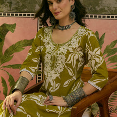 Stylum Women's Green Floral Printed & Embroidered Cotton Straight Kurta (GREENMODERN)