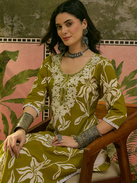 Stylum Women's Green Floral Printed & Embroidered Cotton Straight Kurta (GREENMODERN)