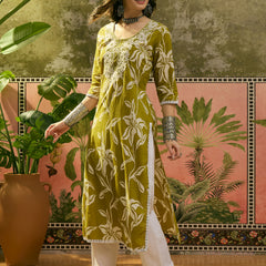 Stylum Women's Green Floral Printed & Embroidered Cotton Straight Kurta (GREENMODERN)