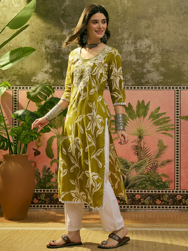 Stylum Women's Green Floral Printed & Embroidered Cotton Straight Kurta (GREENMODERN)
