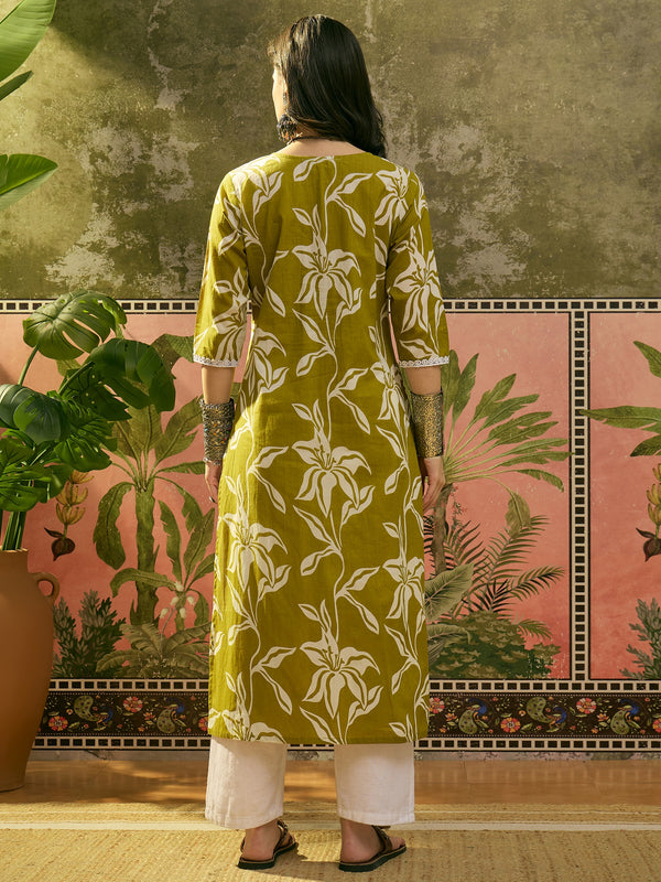 Stylum Women's Green Floral Printed & Embroidered Cotton Straight Kurta (GREENMODERN)
