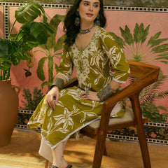 Stylum Women's Green Floral Printed & Embroidered Cotton Straight Kurta (GREENMODERN)