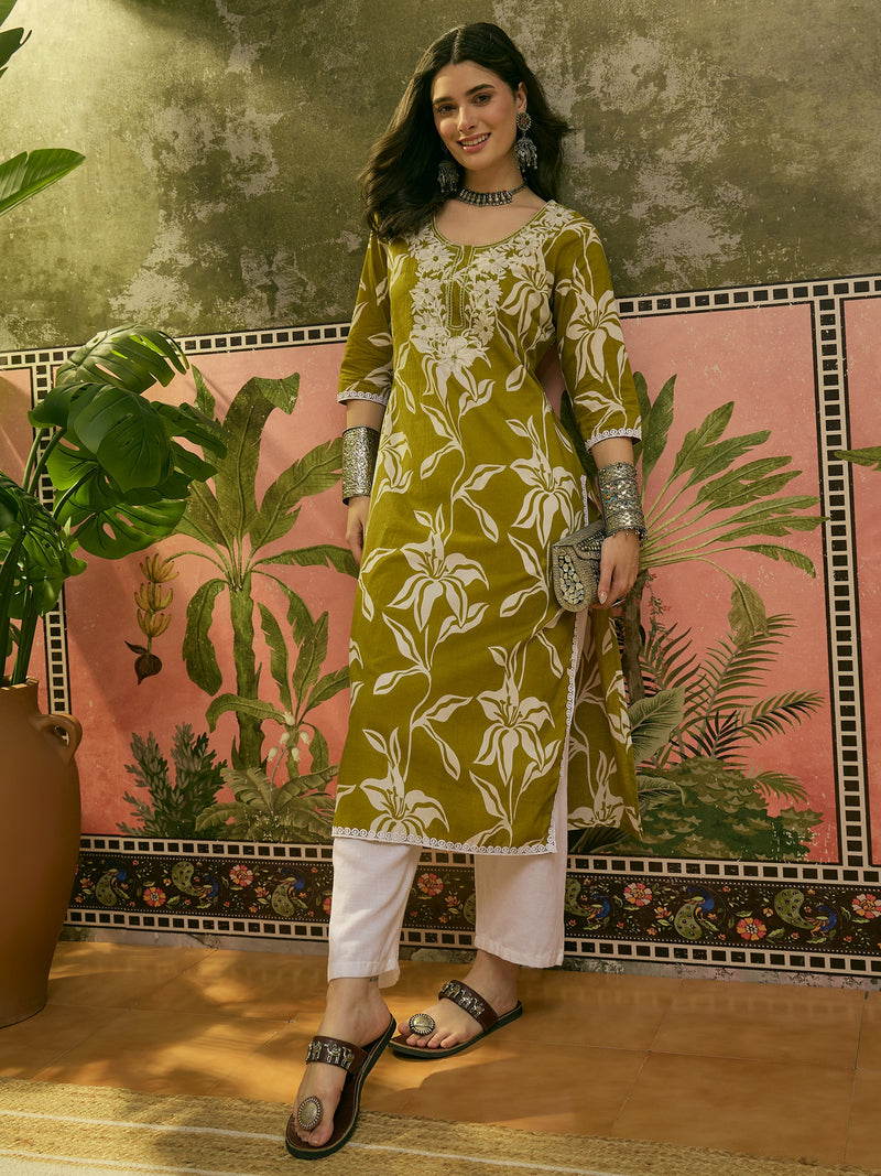 Stylum Women's Green Floral Printed & Embroidered Cotton Straight Kurta (GREENMODERN)