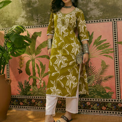 Stylum Women's Green Floral Printed & Embroidered Cotton Straight Kurta (GREENMODERN)