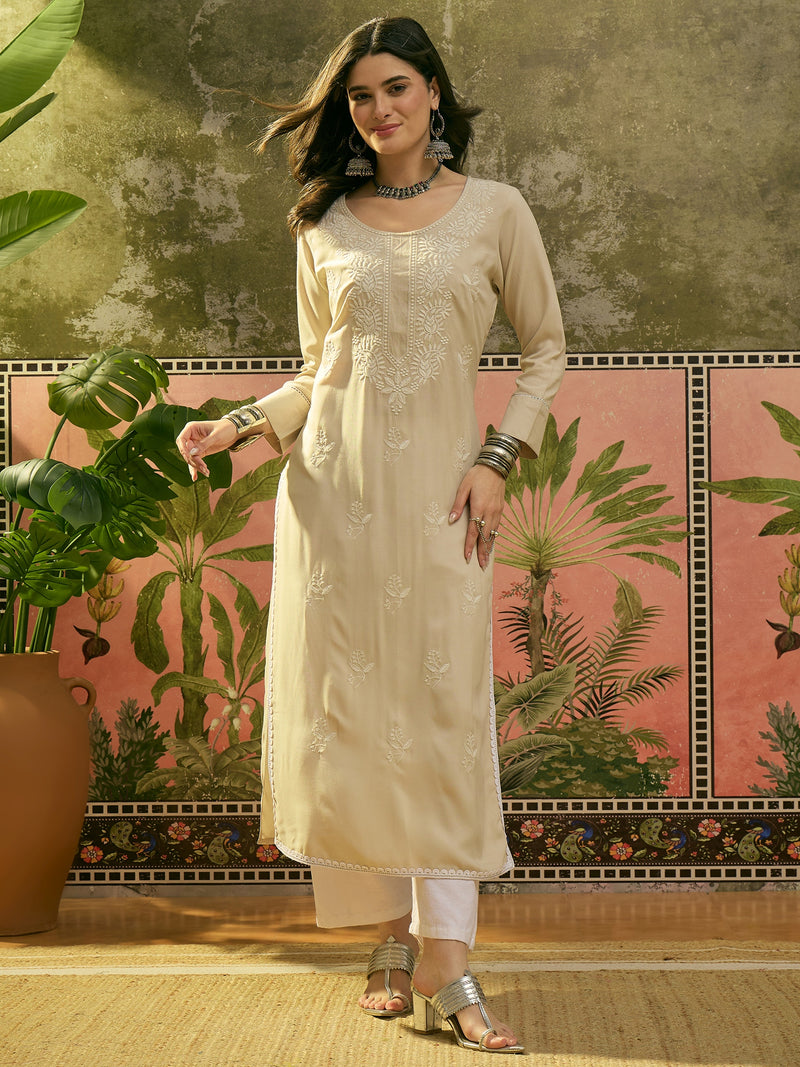 Stylum Women's Ivory Solid & Embroidered Rayon Straight Kurta (IVORYESPIRT)