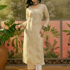 Stylum Women's Ivory Solid & Embroidered Rayon Straight Kurta (IVORYESPIRT)