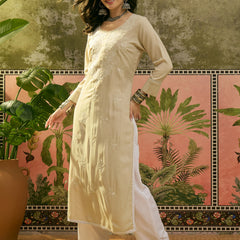 Stylum Women's Ivory Solid & Embroidered Rayon Straight Kurta (IVORYESPIRT)