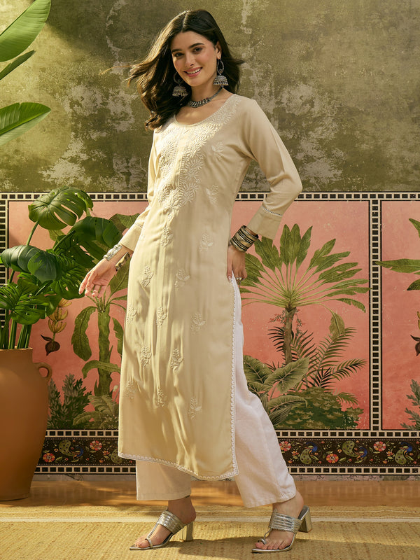 Stylum Women's Ivory Solid & Embroidered Rayon Straight Kurta (IVORYESPIRT)