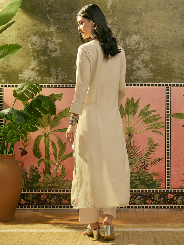 Stylum Women's Ivory Solid & Embroidered Rayon Straight Kurta (IVORYESPIRT)