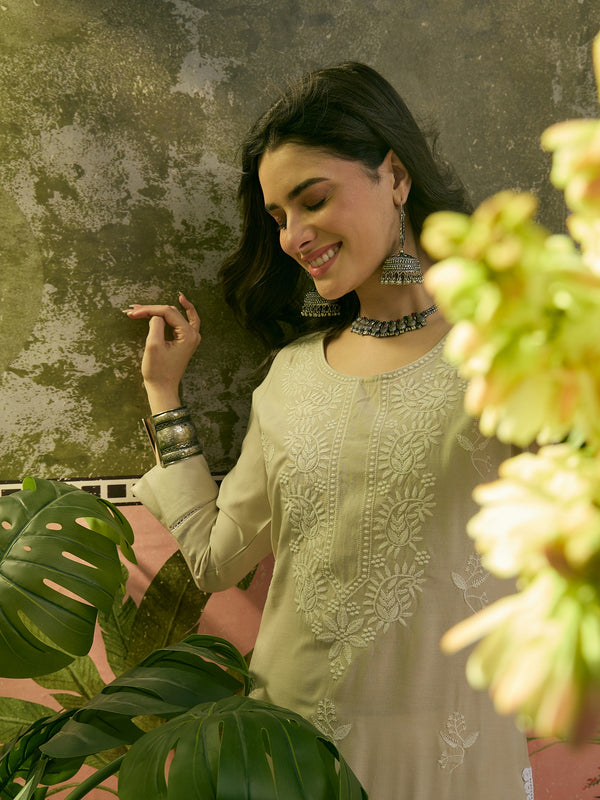 Stylum Women's Ivory Solid & Embroidered Rayon Straight Kurta (IVORYESPIRT)