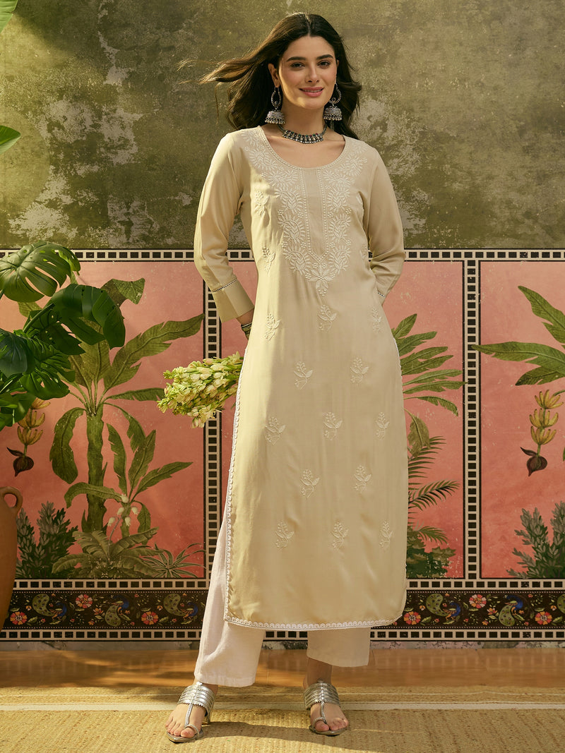 Stylum Women's Ivory Solid & Embroidered Rayon Straight Kurta (IVORYESPIRT)