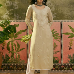 Stylum Women's Ivory Solid & Embroidered Rayon Straight Kurta (IVORYESPIRT)
