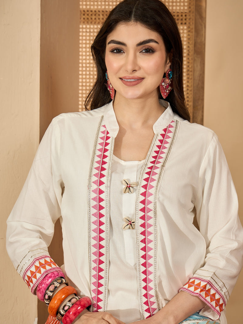 Stylum Women's White Solid & Embroidered Rayon A-Line Kurti Dhoti Pant with Jacket (JTDWHITEROBIN)