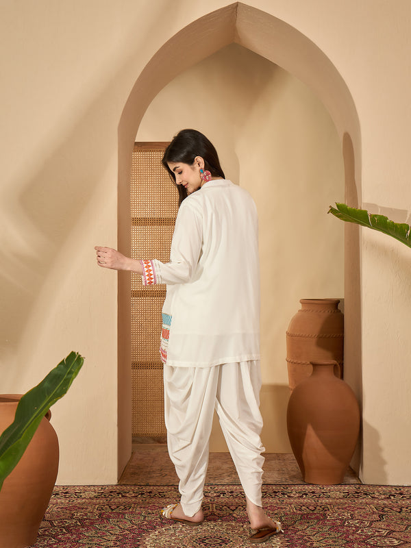 Stylum Women's White Solid & Embroidered Rayon A-Line Kurti Dhoti Pant with Jacket (JTDWHITEROBIN)