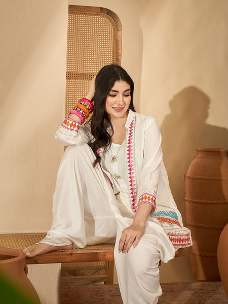 Stylum Women's White Solid & Embroidered Rayon A-Line Kurti Dhoti Pant with Jacket (JTDWHITEROBIN)