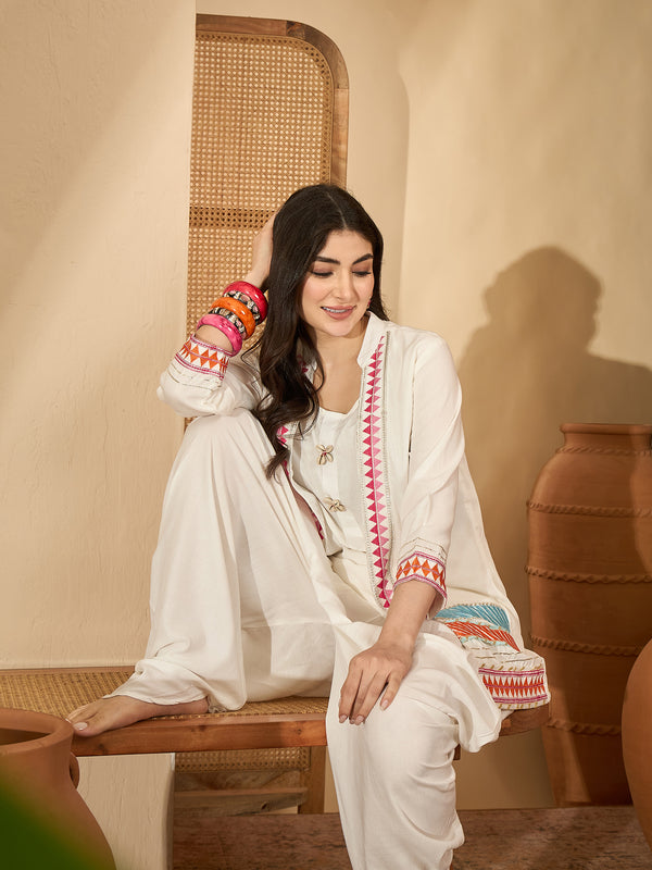 Stylum Women's White Solid & Embroidered Rayon A-Line Kurti Dhoti Pant with Jacket (JTDWHITEROBIN)