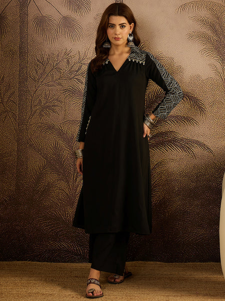 Stylum Women's Black Solid Crepe A-Line Kurta Pant Set (KPBLACKKOTA)