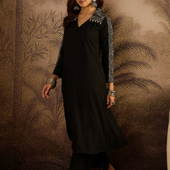 Stylum Women's Black Solid Crepe A-Line Kurta Pant Set (KPBLACKKOTA)