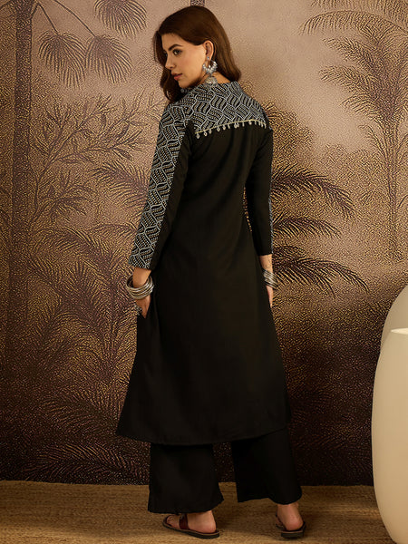 Stylum Women's Black Solid Crepe A-Line Kurta Pant Set (KPBLACKKOTA)