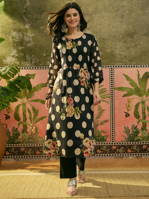 Stylum Women's Black Polka Printed Voile Straight Kurta Pant Set (KPBLACKTOFFEE)