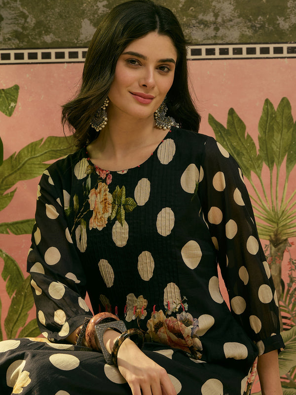 Stylum Women's Black Polka Printed Voile Straight Kurta Pant Set (KPBLACKTOFFEE)