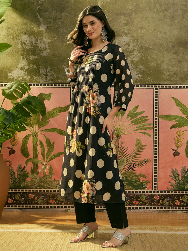 Stylum Women's Black Polka Printed Voile Straight Kurta Pant Set (KPBLACKTOFFEE)