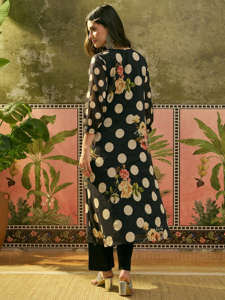 Stylum Women's Black Polka Printed Voile Straight Kurta Pant Set (KPBLACKTOFFEE)