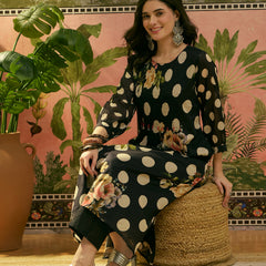 Stylum Women's Black Polka Printed Voile Straight Kurta Pant Set (KPBLACKTOFFEE)