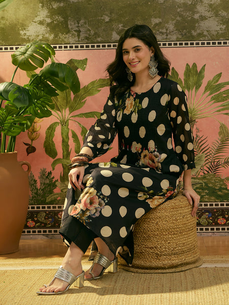 Stylum Women's Black Polka Printed Voile Straight Kurta Pant Set (KPBLACKTOFFEE)