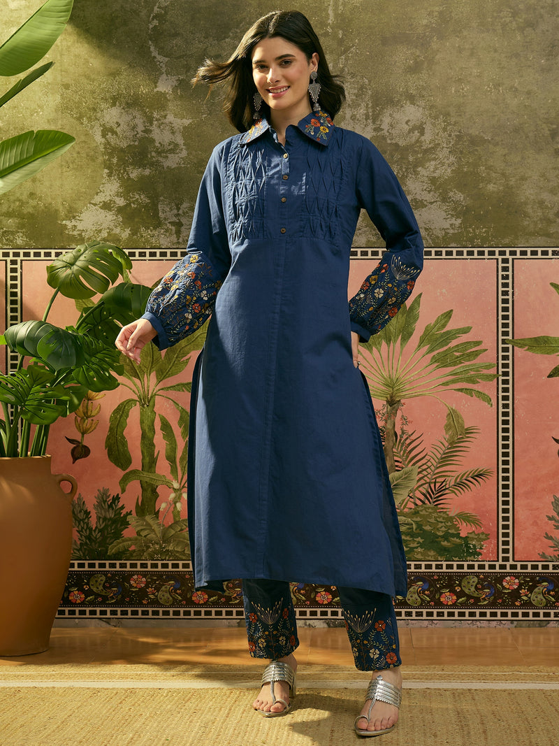 Stylum Women's Blue Solid & Embroidered Cotton A-Line Kurta Pant Set (KPBLUEMOLIK)