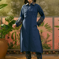 Stylum Women's Blue Solid & Embroidered Cotton A-Line Kurta Pant Set (KPBLUEMOLIK)