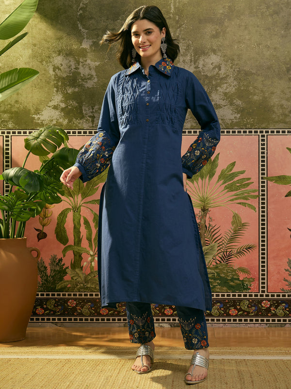 Stylum Women's Blue Solid & Embroidered Cotton A-Line Kurta Pant Set (KPBLUEMOLIK)
