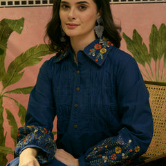 Stylum Women's Blue Solid & Embroidered Cotton A-Line Kurta Pant Set (KPBLUEMOLIK)