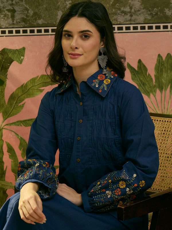 Stylum Women's Blue Solid & Embroidered Cotton A-Line Kurta Pant Set (KPBLUEMOLIK)