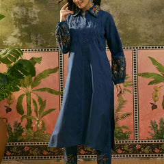 Stylum Women's Blue Solid & Embroidered Cotton A-Line Kurta Pant Set (KPBLUEMOLIK)