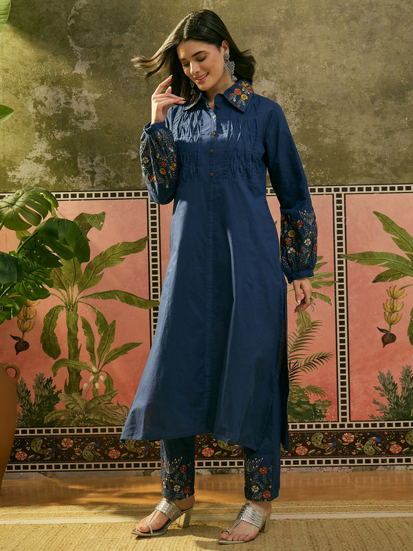 Stylum Women's Blue Solid & Embroidered Cotton A-Line Kurta Pant Set (KPBLUEMOLIK)