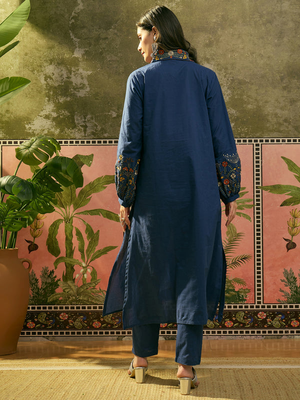 Stylum Women's Blue Solid & Embroidered Cotton A-Line Kurta Pant Set (KPBLUEMOLIK)