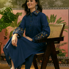 Stylum Women's Blue Solid & Embroidered Cotton A-Line Kurta Pant Set (KPBLUEMOLIK)