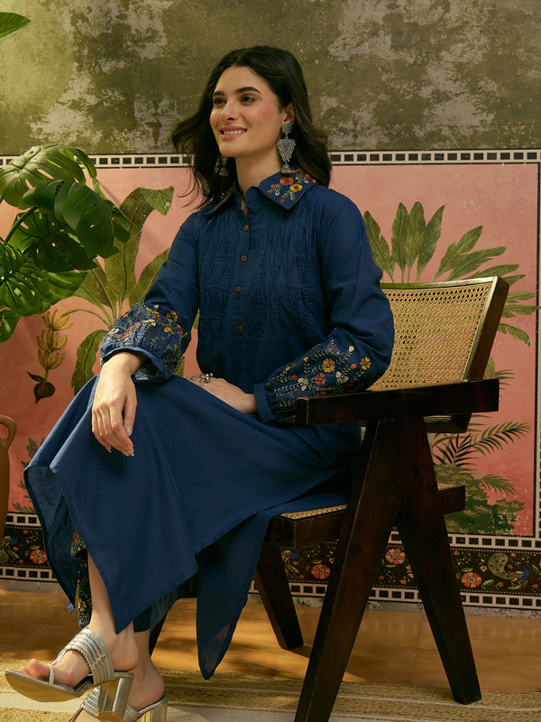 Stylum Women's Blue Solid & Embroidered Cotton A-Line Kurta Pant Set (KPBLUEMOLIK)