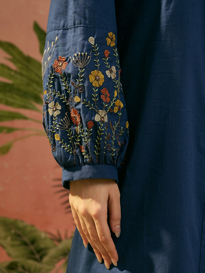 Stylum Women's Blue Solid & Embroidered Cotton A-Line Kurta Pant Set (KPBLUEMOLIK)