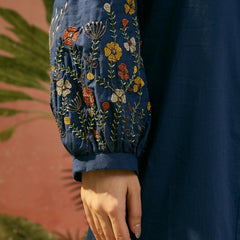 Stylum Women's Blue Solid & Embroidered Cotton A-Line Kurta Pant Set (KPBLUEMOLIK)