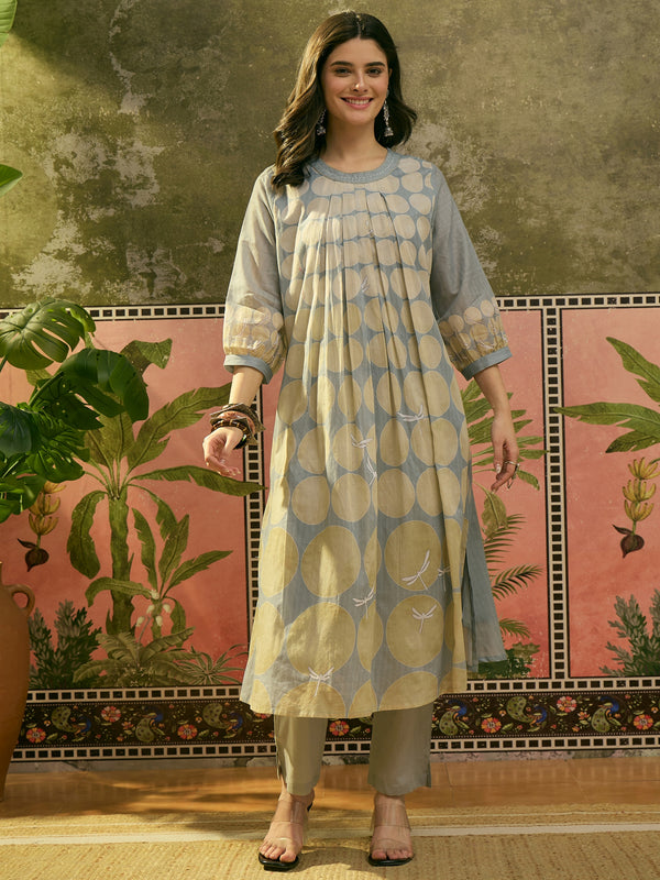 Stylum Women's Blue Polka Dots Printed Voile A-Line Kurta Pant Set (KPBLUEVOK)