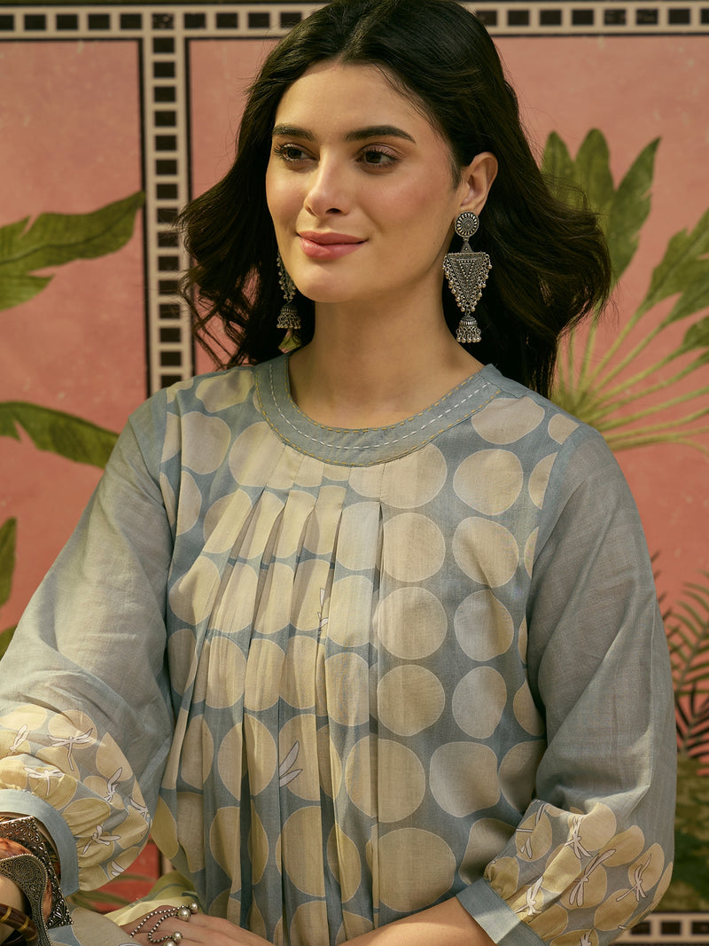 Stylum Women's Blue Polka Dots Printed Voile A-Line Kurta Pant Set (KPBLUEVOK)