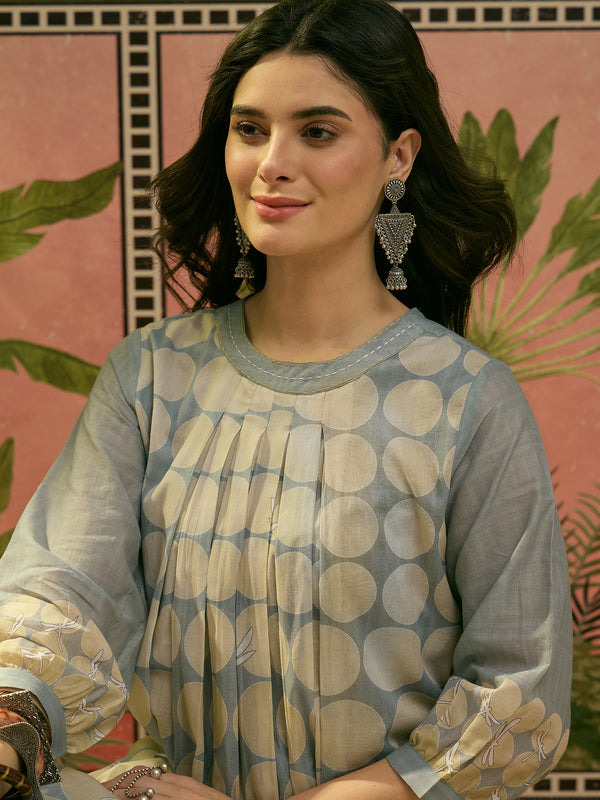 Stylum Women's Blue Polka Dots Printed Voile A-Line Kurta Pant Set (KPBLUEVOK)