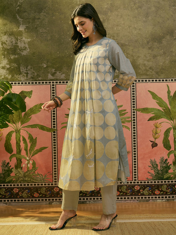 Stylum Women's Blue Polka Dots Printed Voile A-Line Kurta Pant Set (KPBLUEVOK)