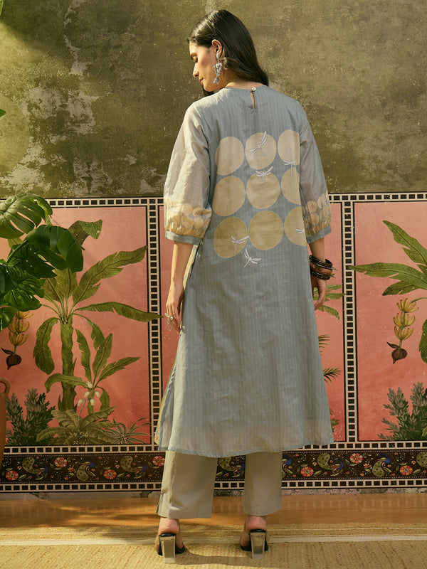 Stylum Women's Blue Polka Dots Printed Voile A-Line Kurta Pant Set (KPBLUEVOK)