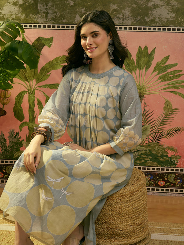 Stylum Women's Blue Polka Dots Printed Voile A-Line Kurta Pant Set (KPBLUEVOK)