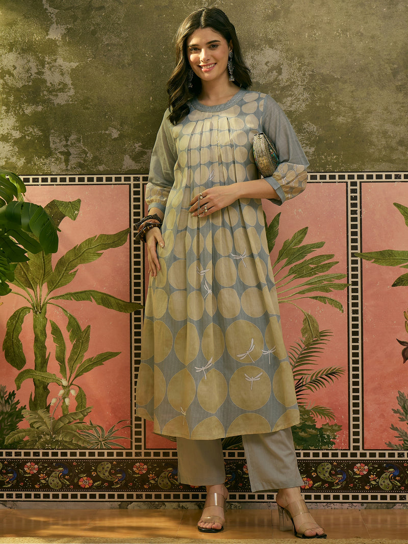 Stylum Women's Blue Polka Dots Printed Voile A-Line Kurta Pant Set (KPBLUEVOK)