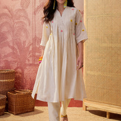 Stylum Women's Cream Solid & Embroidered Pleated Cotton A-Line Kurta Pant Set (KPCREAMKOLA)